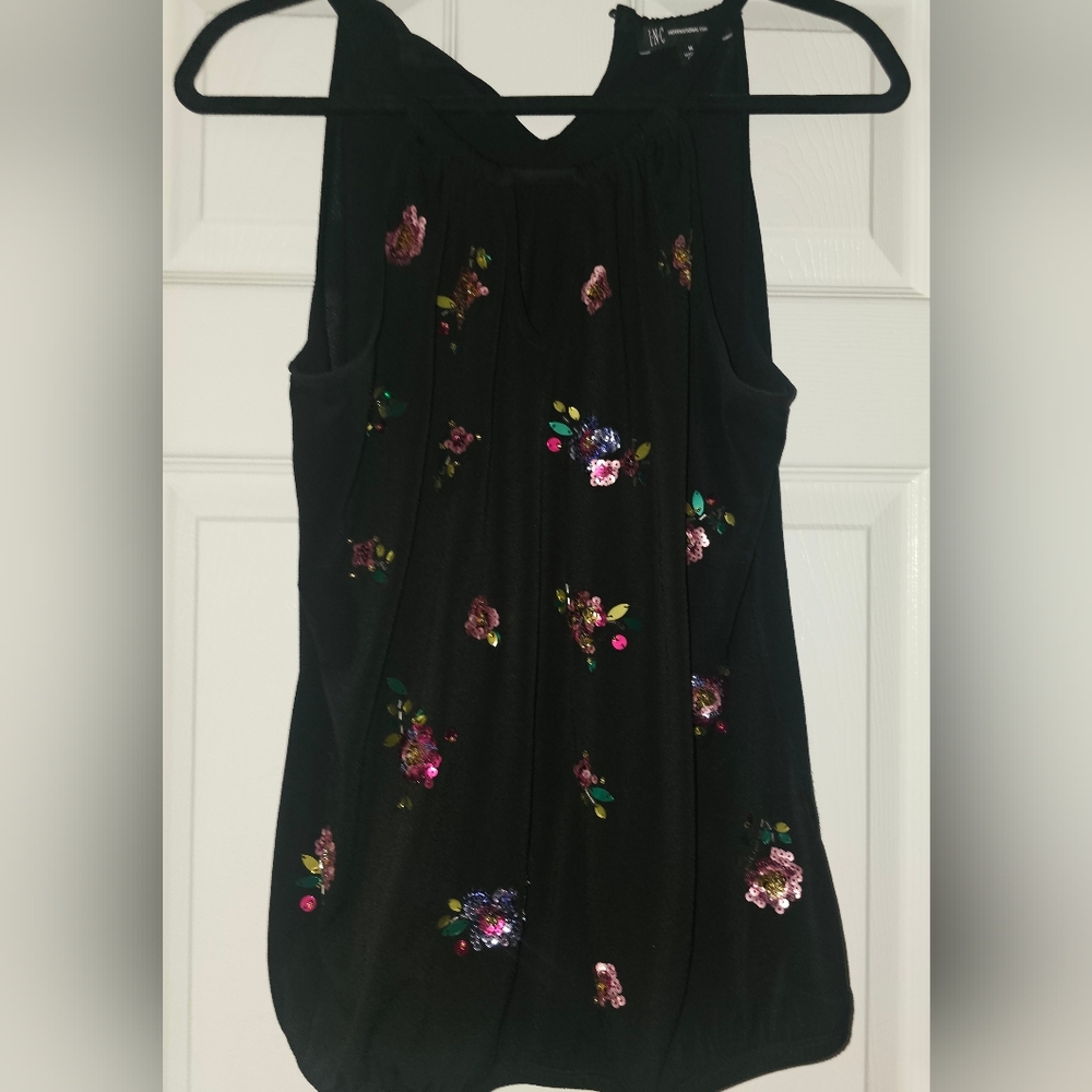 INC International Concepts Medium Floral Embellished Black Sleeveless Top